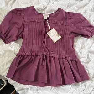 Laura Ashley NWT Plum Textured Puff Sleeve Peplum Top Small